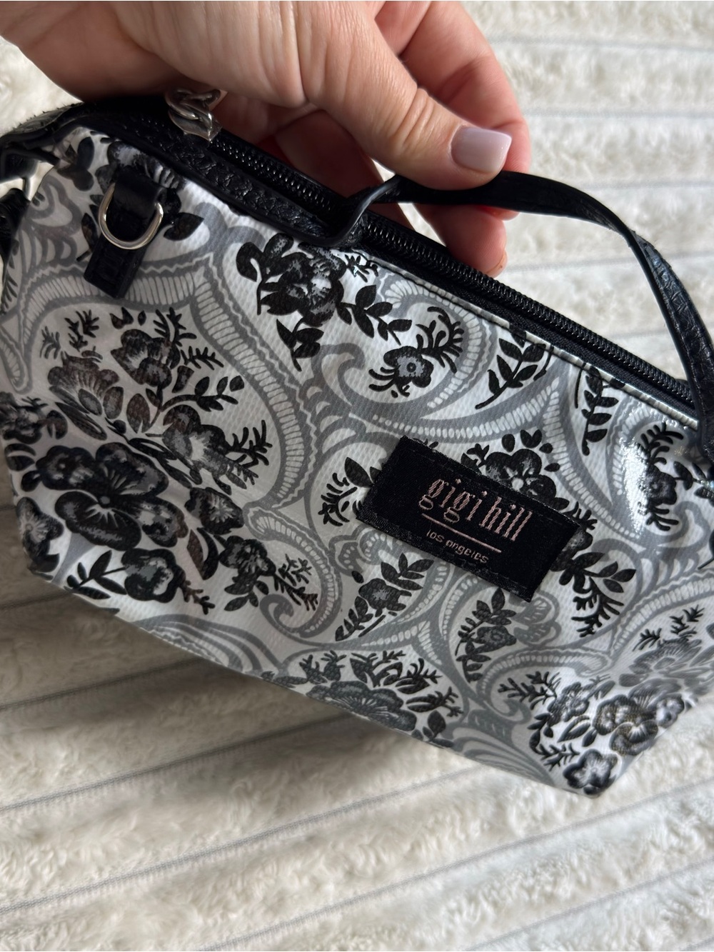 Gigi Hill Black White Gray Floral Coated Satchel Zip Detachable Strap Lined